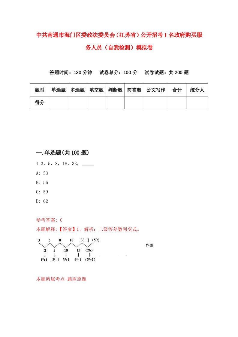 中共南通市海门区委政法委员会江苏省公开招考1名政府购买服务人员自我检测模拟卷第6次