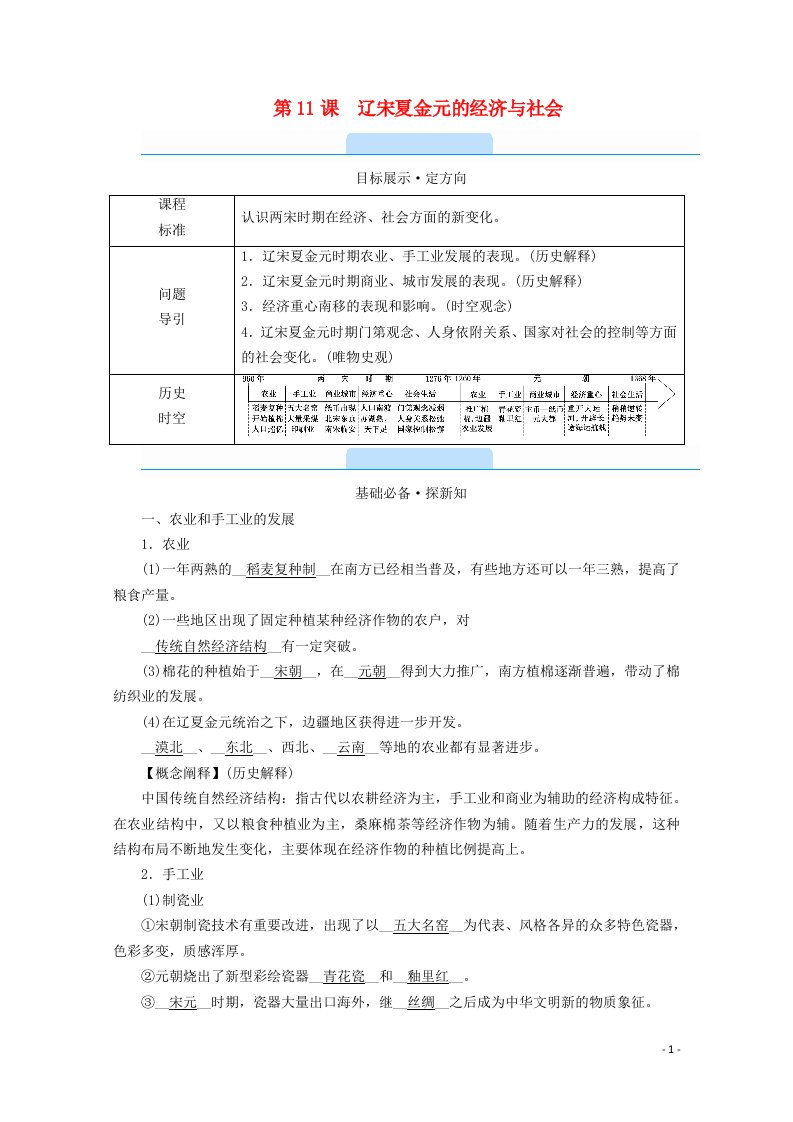 2020_2021学年新教材高中历史第三单元辽宋夏金多民族政权的并立与元朝的统一第11课辽宋夏金元的经济与社会学案含解析新人教版必修中外历史纲要上