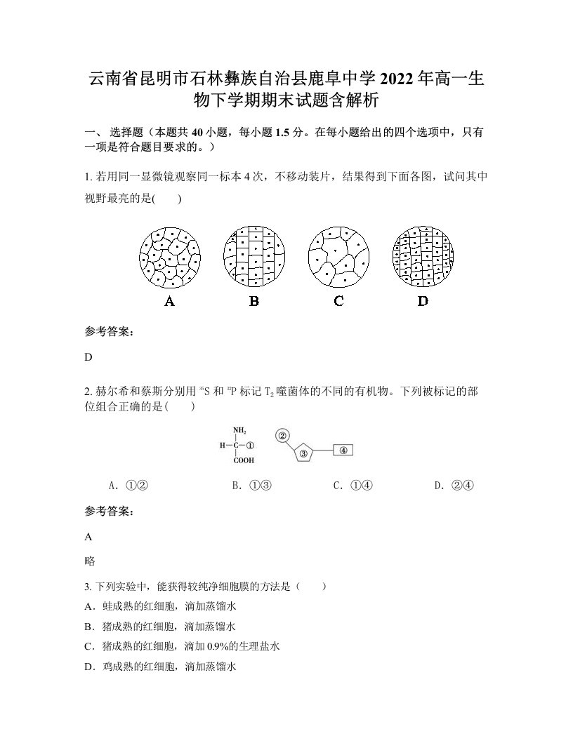 云南省昆明市石林彝族自治县鹿阜中学2022年高一生物下学期期末试题含解析