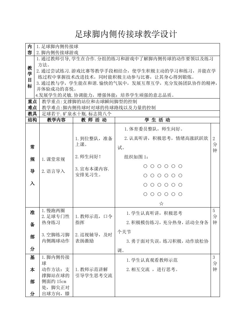 小学体育足球-脚内侧传接球教案