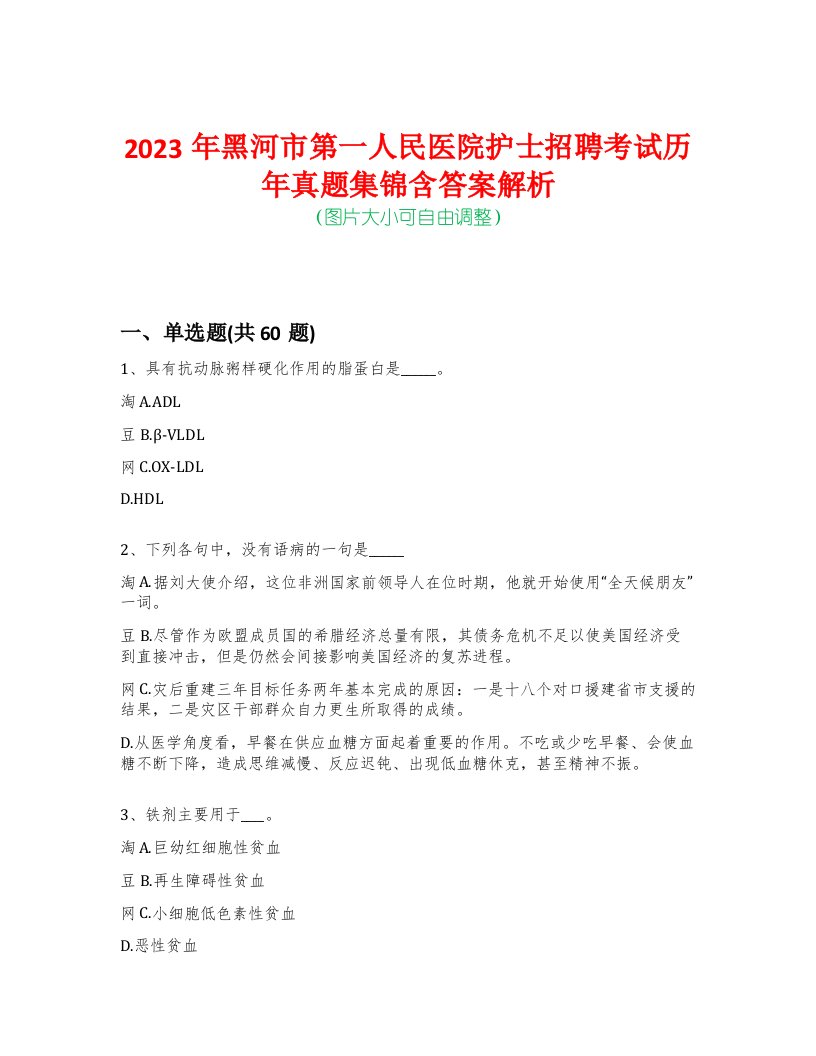 2023年黑河市第一人民医院护士招聘考试历年真题集锦含答案解析