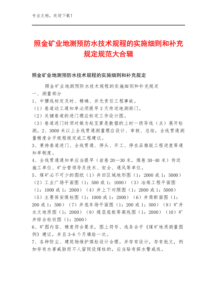 照金矿业地测预防水技术规程的实施细则和补充规定规范大合辑