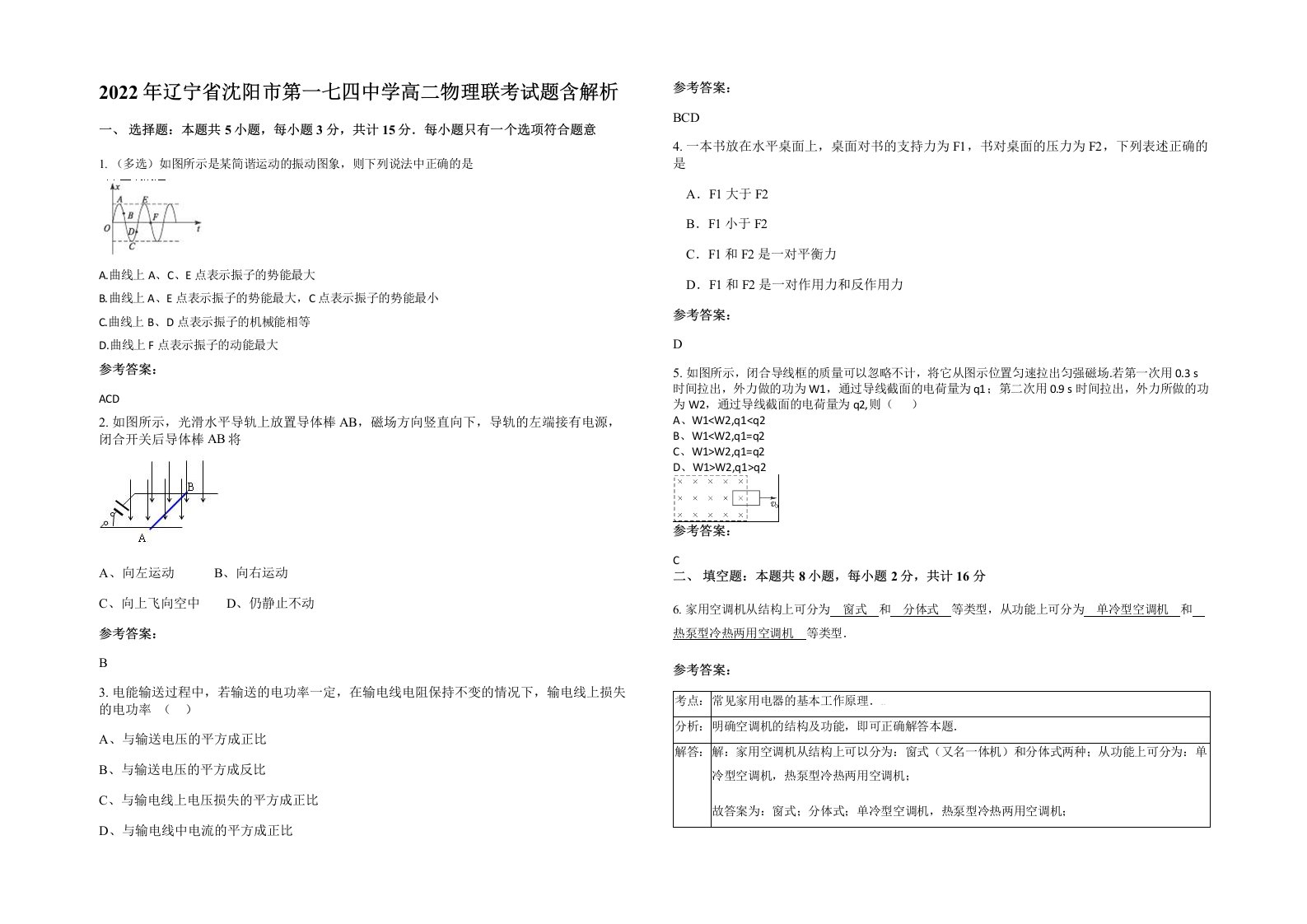 2022年辽宁省沈阳市第一七四中学高二物理联考试题含解析