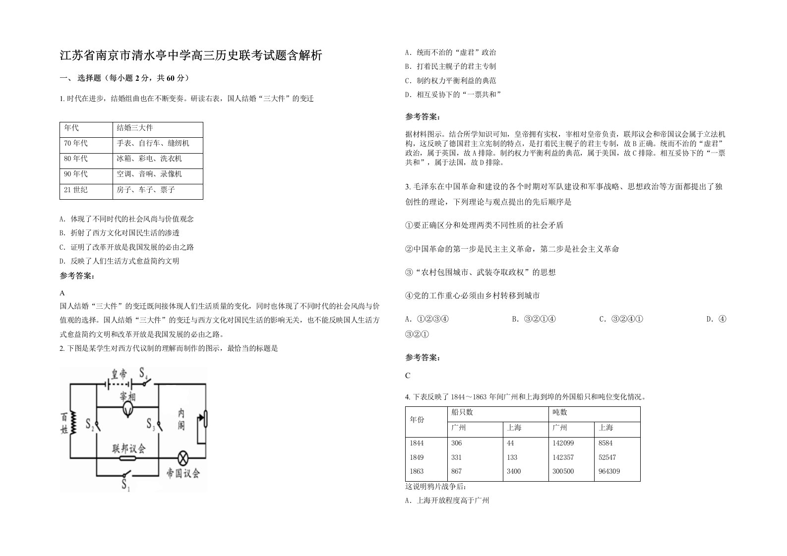 江苏省南京市清水亭中学高三历史联考试题含解析