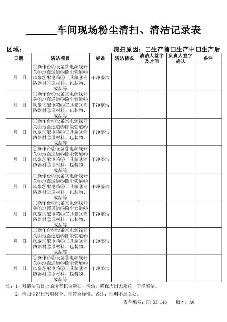 车间粉尘清扫记录表