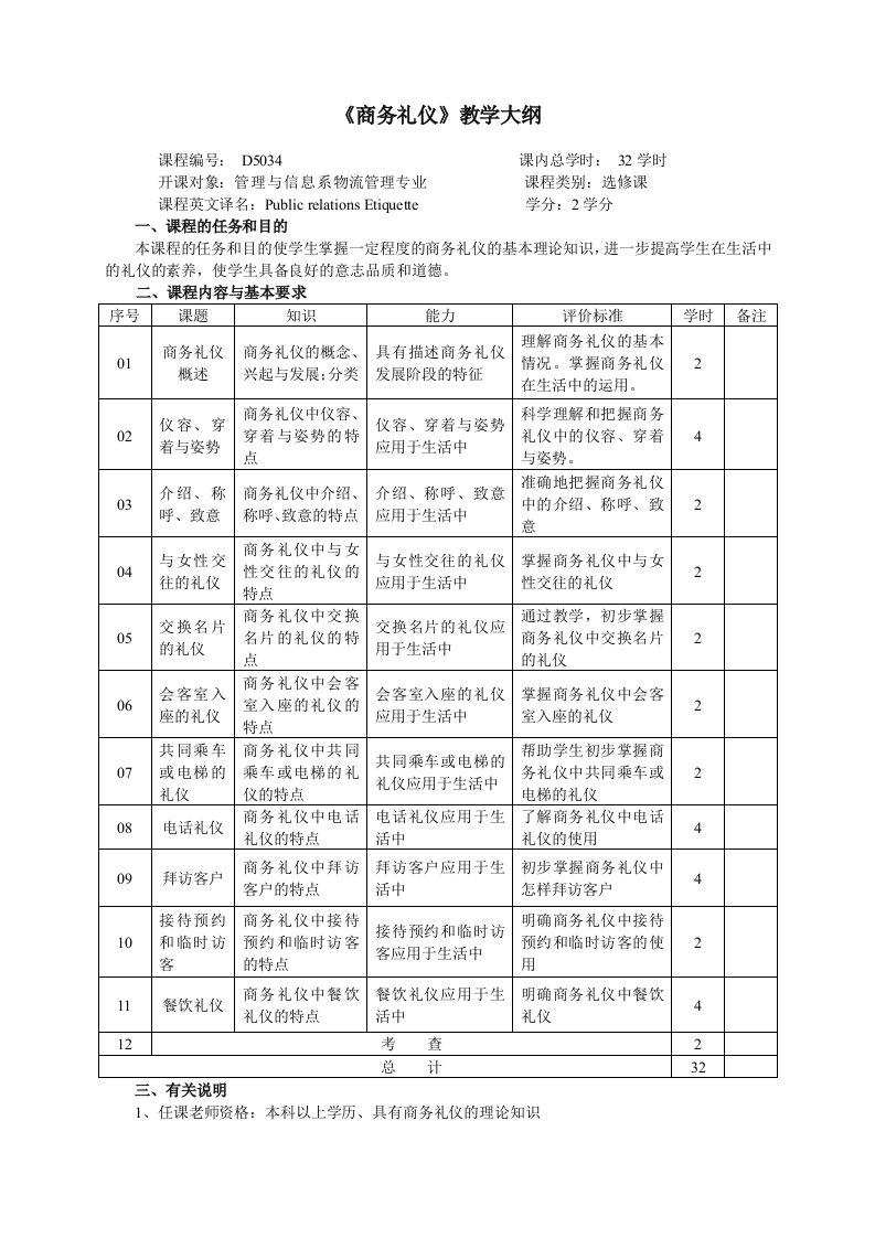 商务礼仪教学大纲