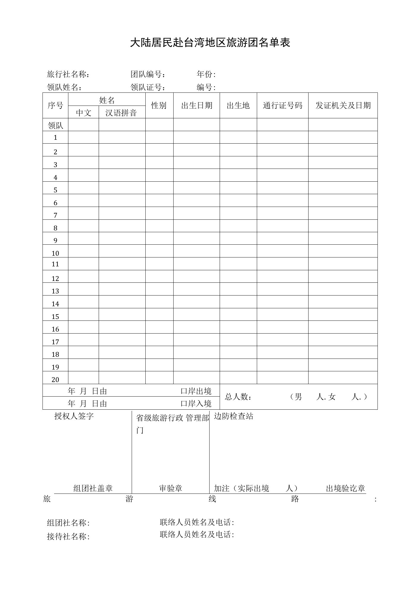 大陆居民赴台湾地区旅游团名单表