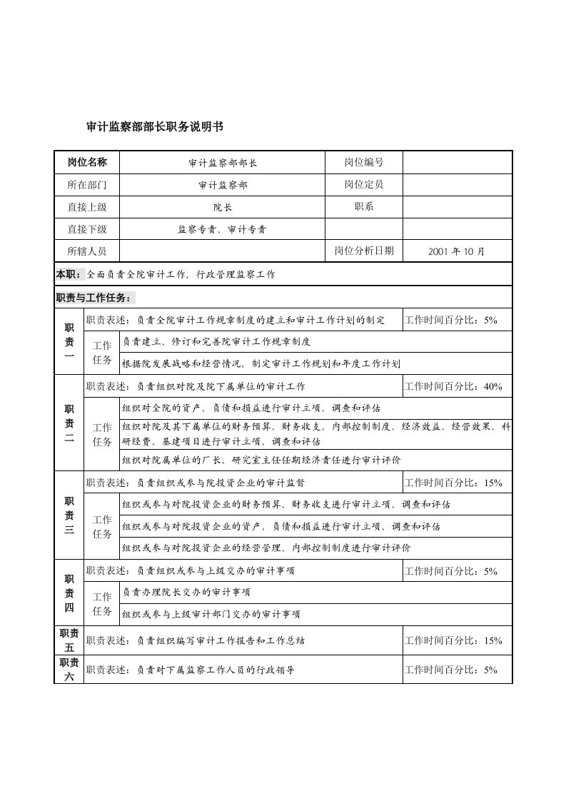 航材院审计监察部部长职务说明书