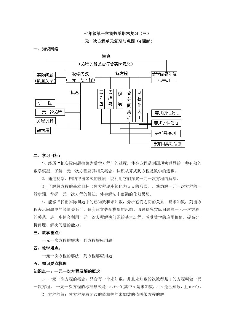 一元一次方程复习教学设计