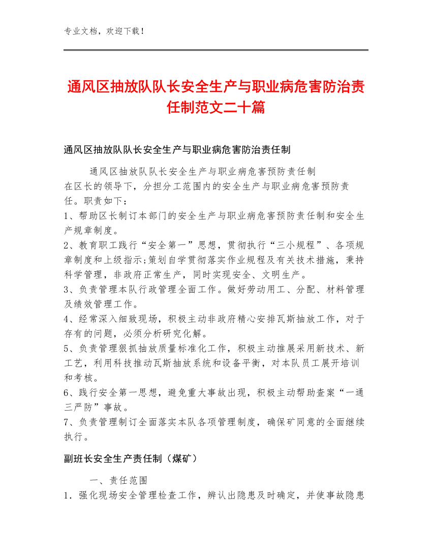 通风区抽放队队长安全生产与职业病危害防治责任制范文二十篇