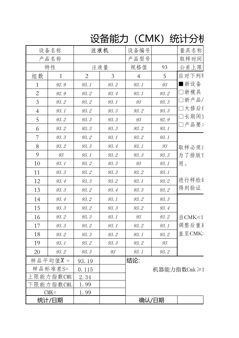 CMK公式(设备能力指数EXCEL自动计算)