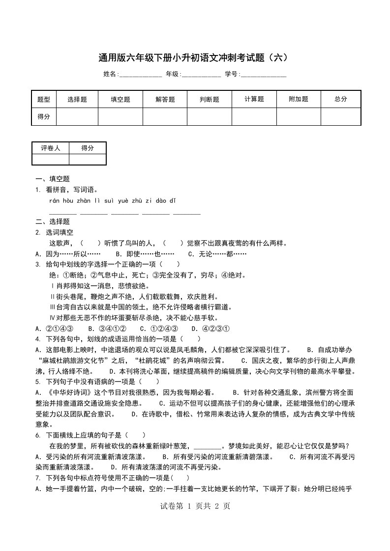 通用版六年级下册小升初语文冲刺考试题六