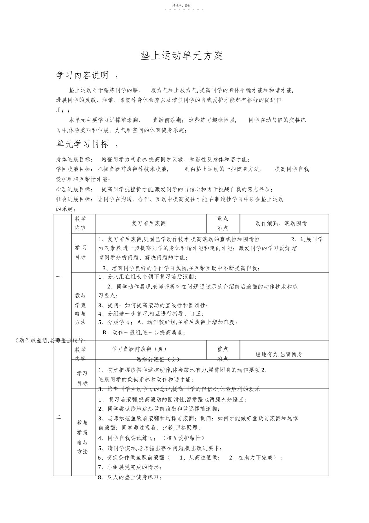 2022年初中体育与健身八年级《垫上运动》单元授课计划教案