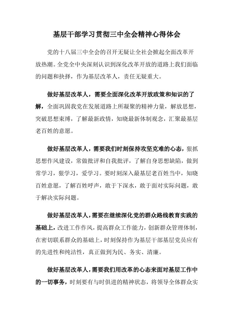 基层干部学习贯彻三中全会精神心得体会