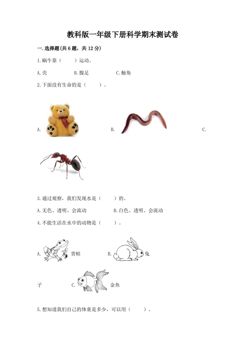 教科版一年级下册科学期末考试试卷（各地真题）word版