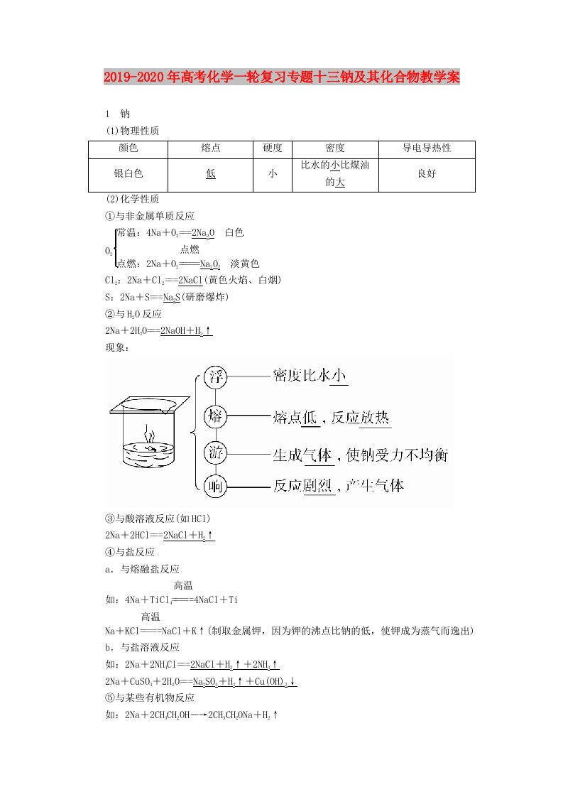 2019-2020年高考化学一轮复习专题十三钠及其化合物教学案