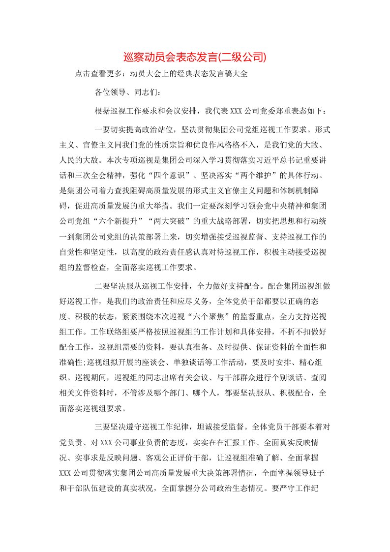 讲话发言-巡察动员会表态发言(二级公司)