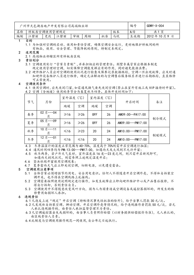 样板房空调管理制度