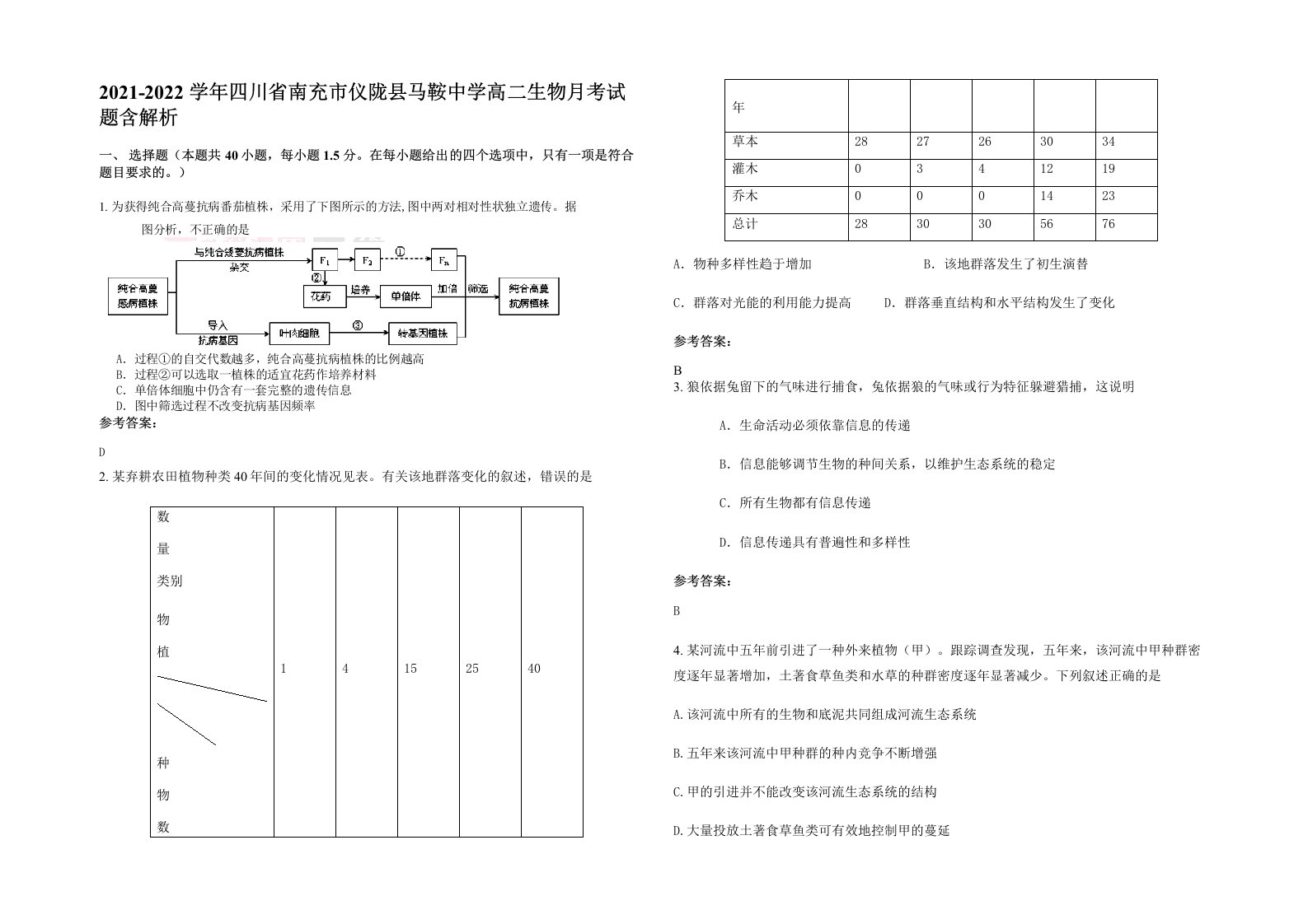 2021-2022学年四川省南充市仪陇县马鞍中学高二生物月考试题含解析