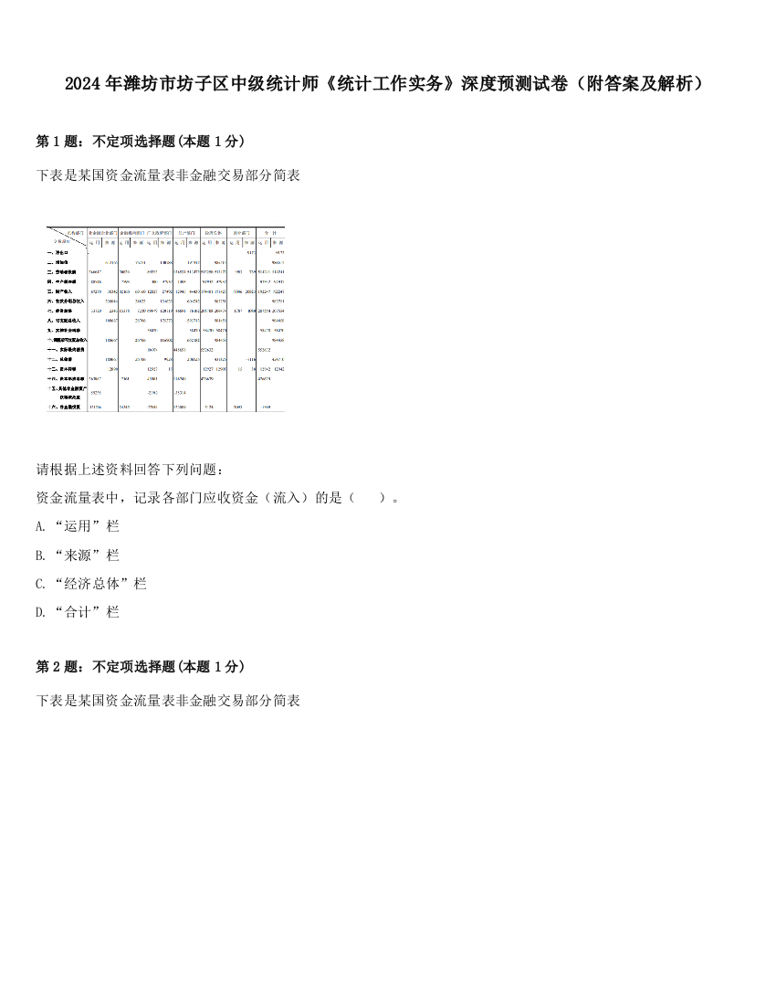 2024年潍坊市坊子区中级统计师《统计工作实务》深度预测试卷（附答案及解析）