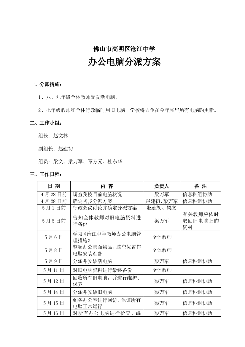 沧江中学办公电脑分配方案