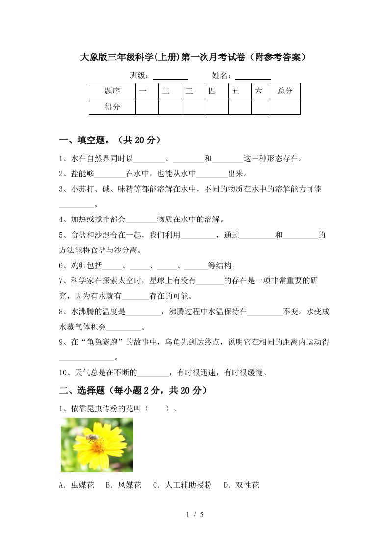 大象版三年级科学上册第一次月考试卷附参考答案