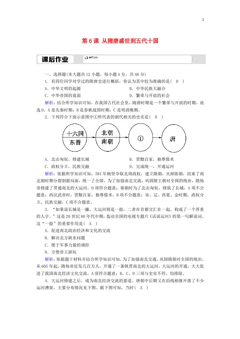 2020_2021学年新教材高中历史第2单元三国两晋南北朝的民族交融与隋唐统一多民族封建国家的发展第6课从隋唐盛世到五代十国课后作业含解析新人教版必修中外历史纲要上