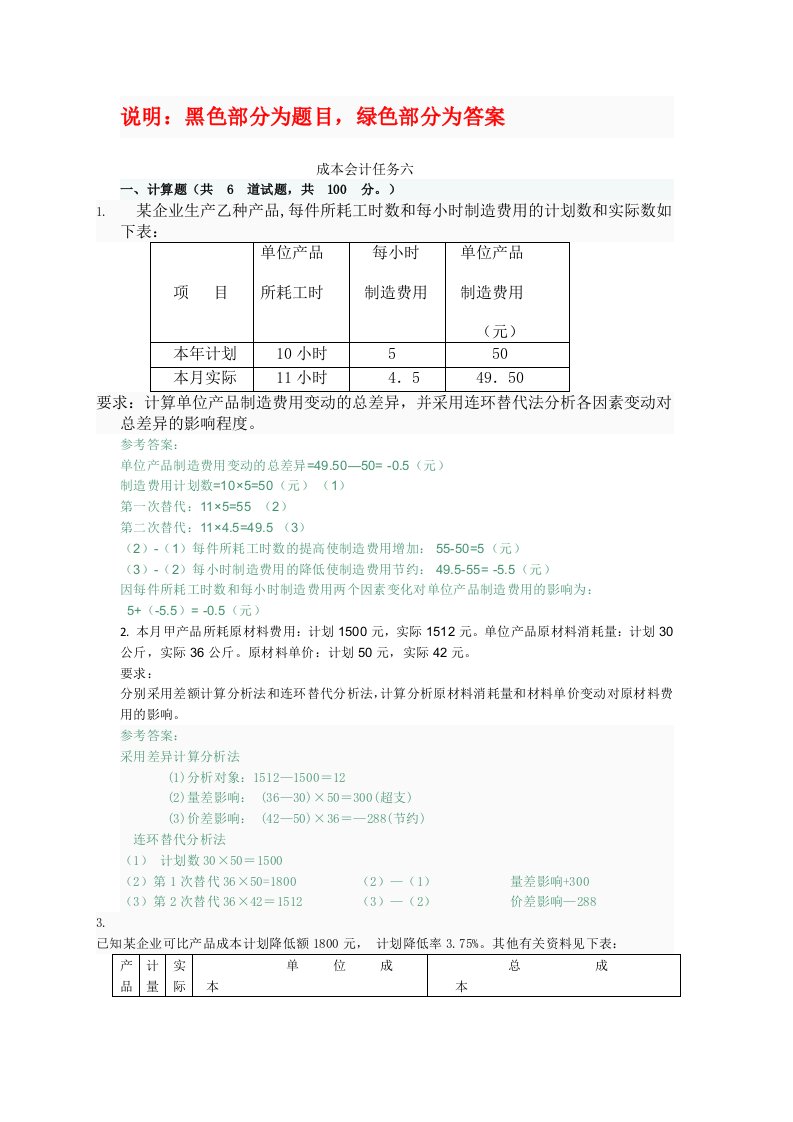 2015电大会计专科成本会计形考任务答案