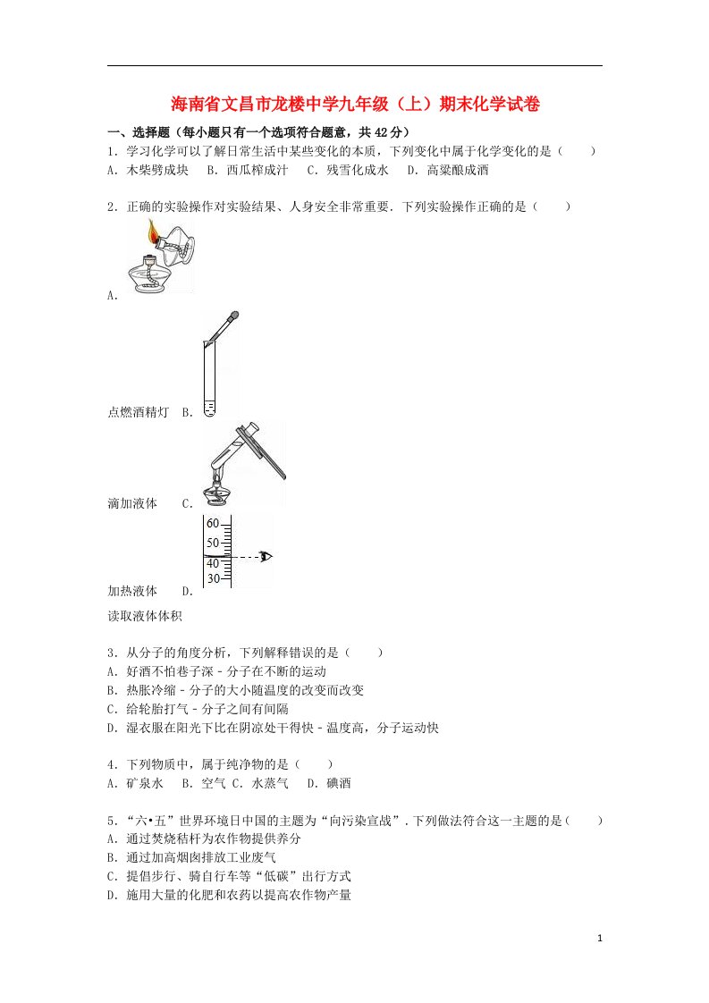 海南省文昌市龙楼中学九级化学上学期期末试题（含解析）