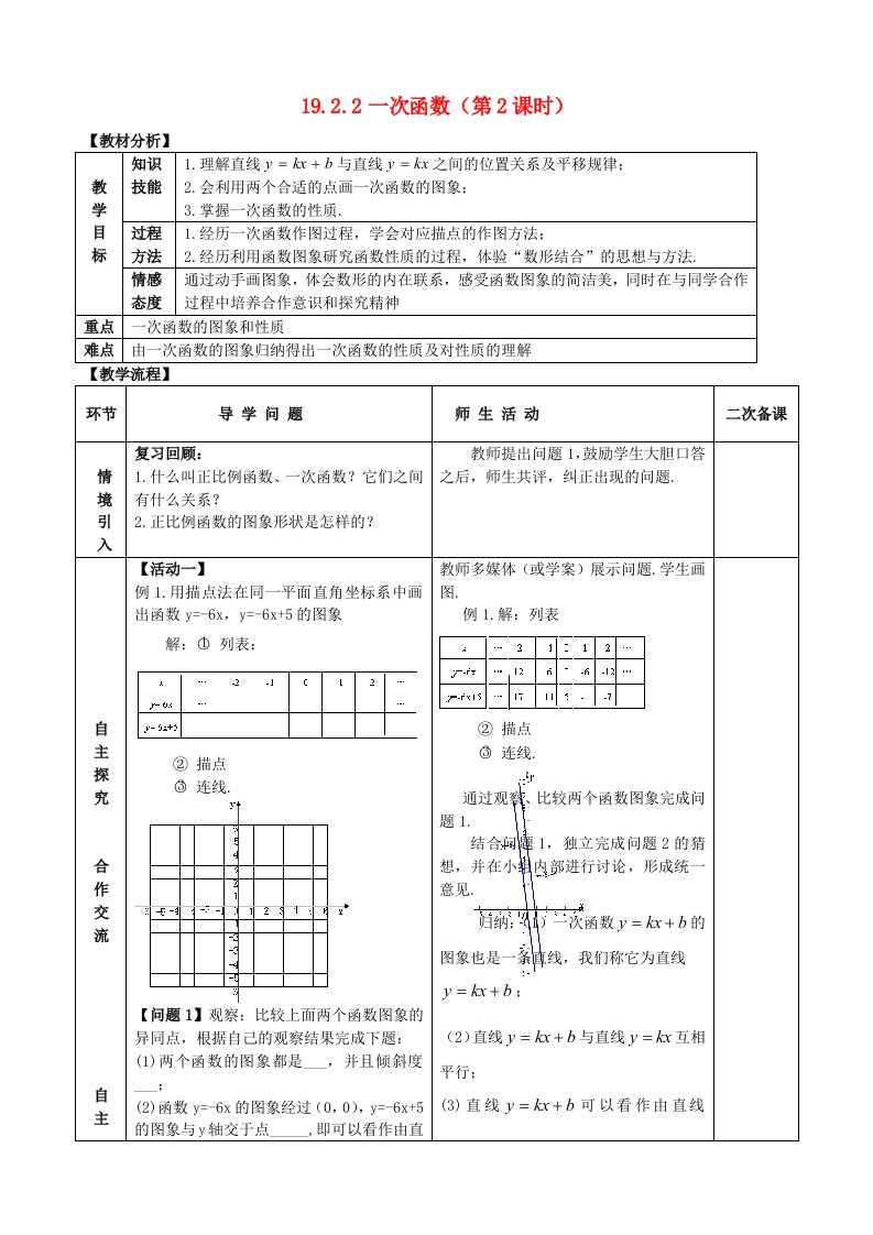 八年级数学下册19.2.2一次函数第2课时教案新版新人教版