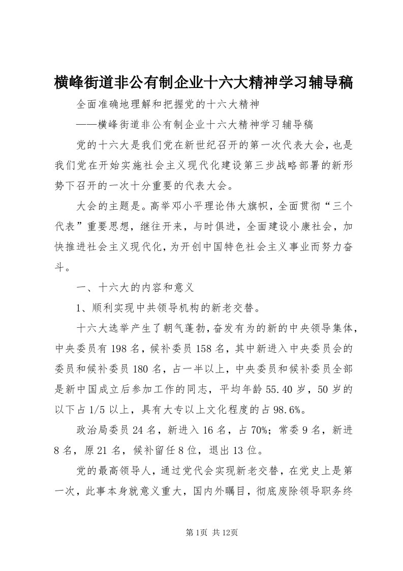 3横峰街道非公有制企业十六大精神学习辅导稿