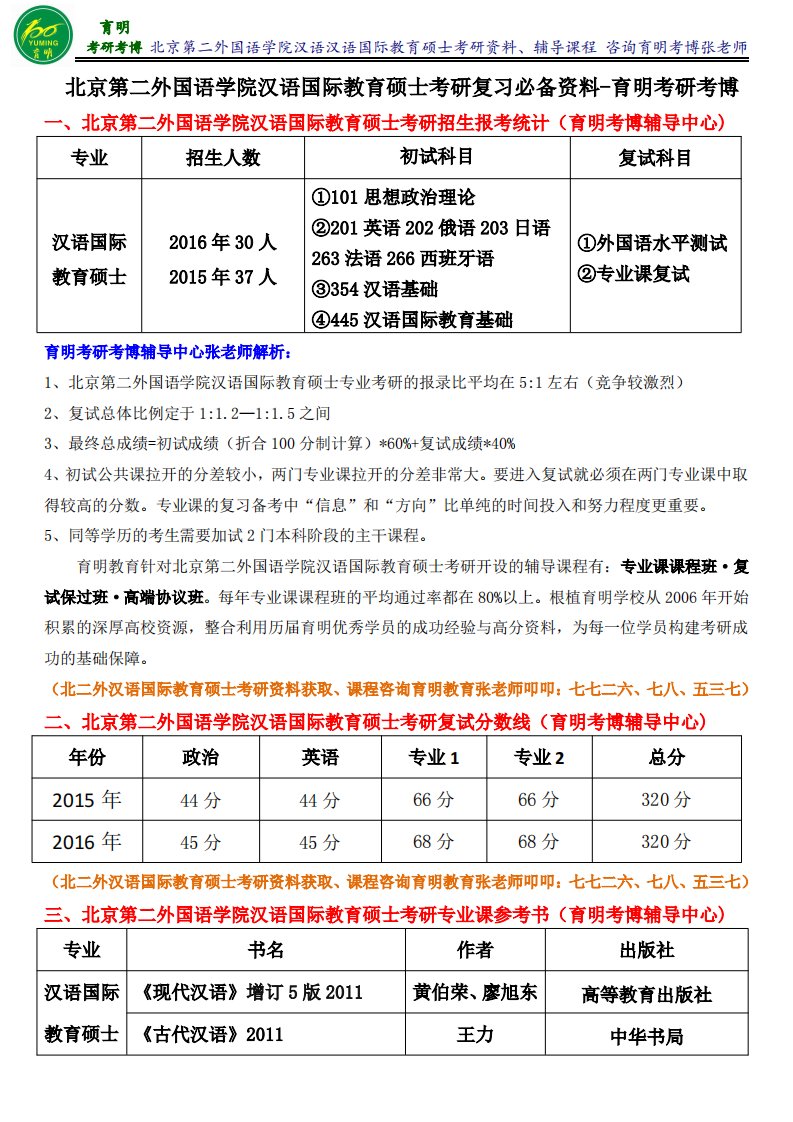 北京第二外国语学院汉语国际教育硕士考研真题历年分数线高分课程班-育明考研考博