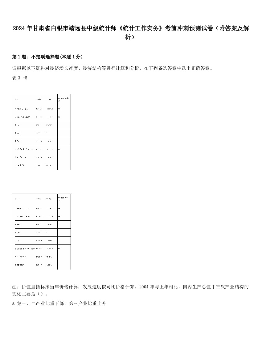 2024年甘肃省白银市靖远县中级统计师《统计工作实务》考前冲刺预测试卷（附答案及解析）