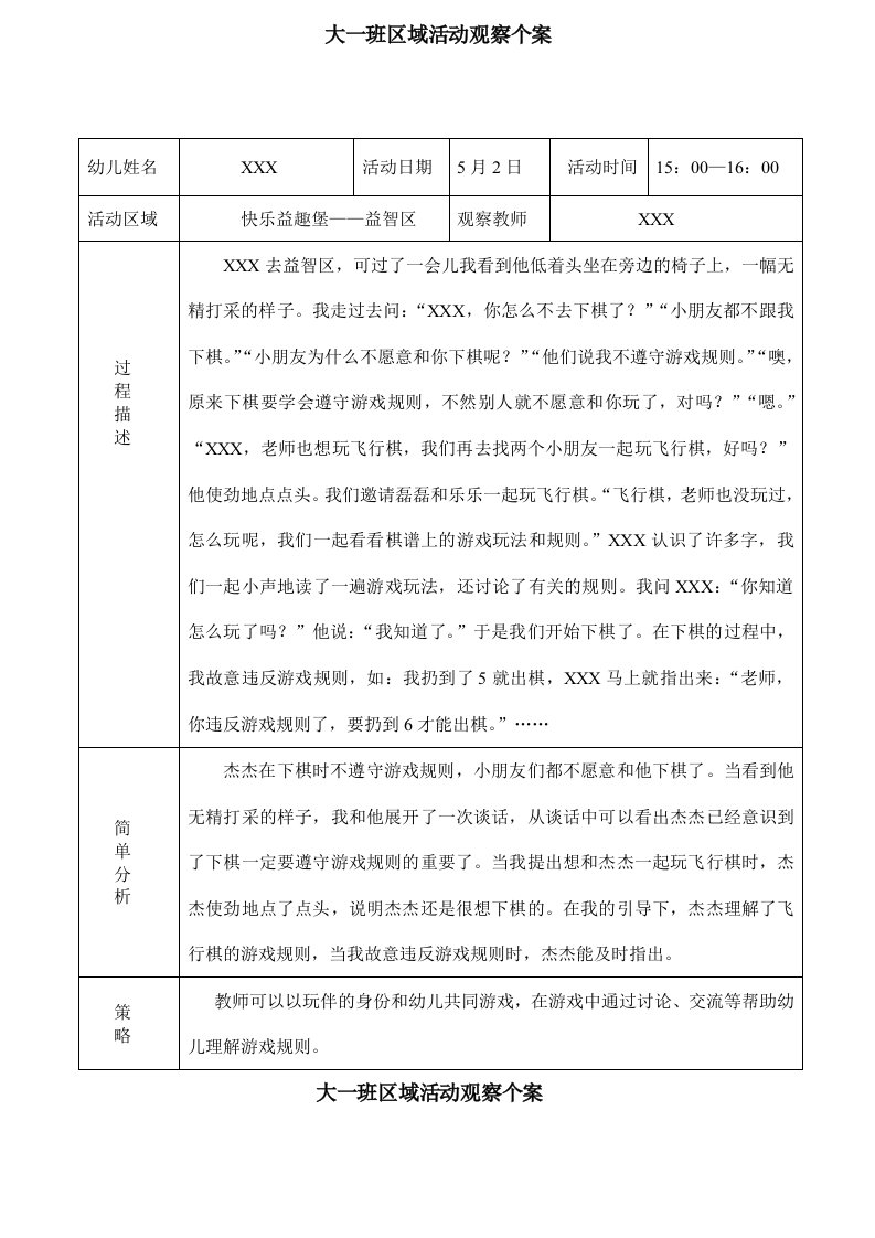 大班某月区域个人观察记录