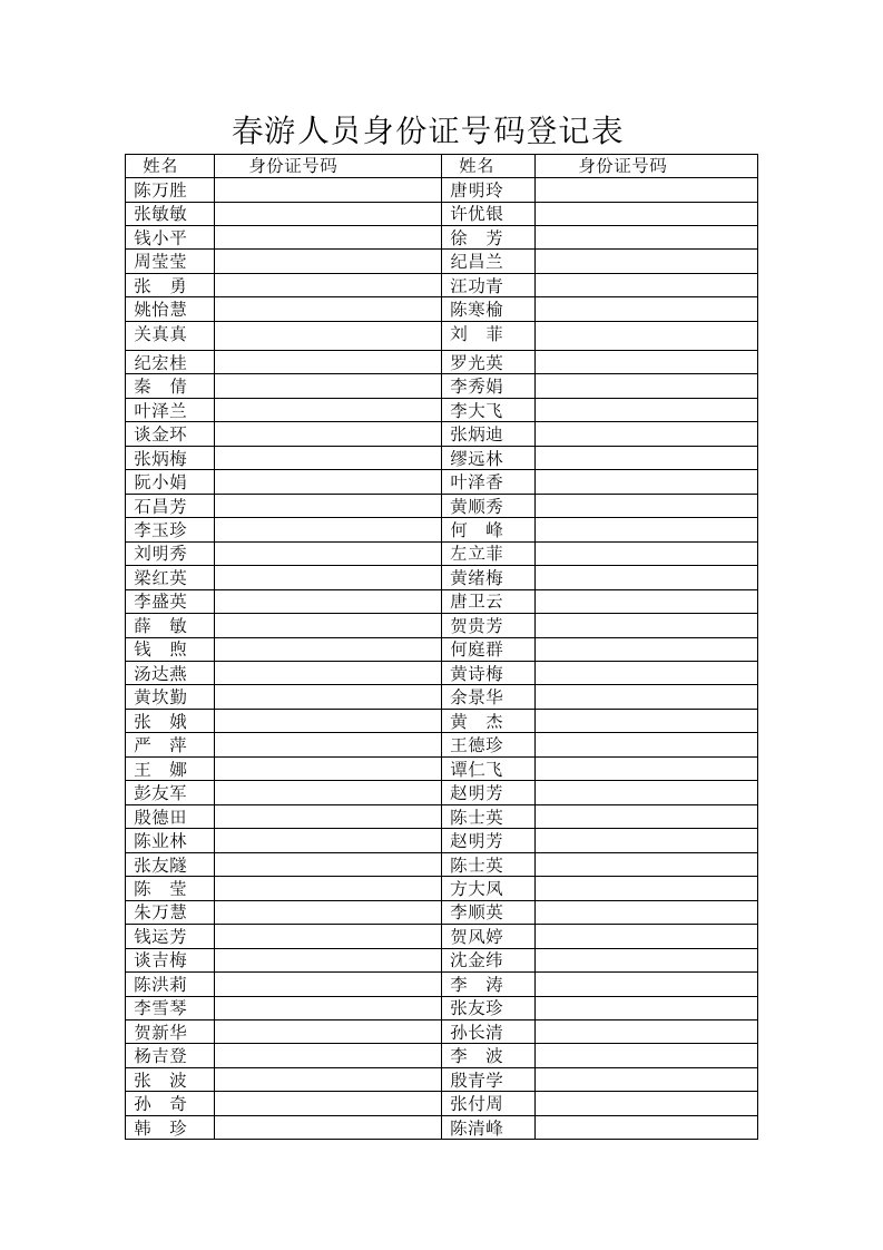 春游人员身份证号码登记表
