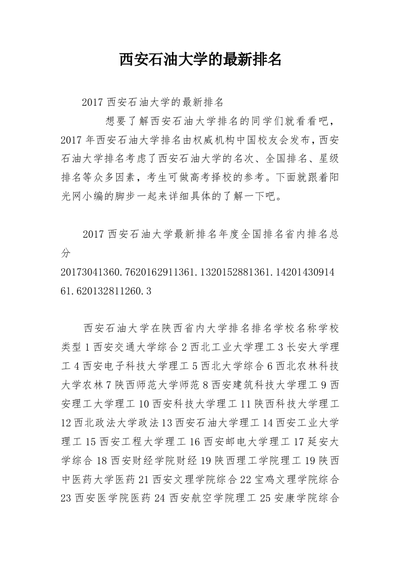 西安石油大学的最新排名