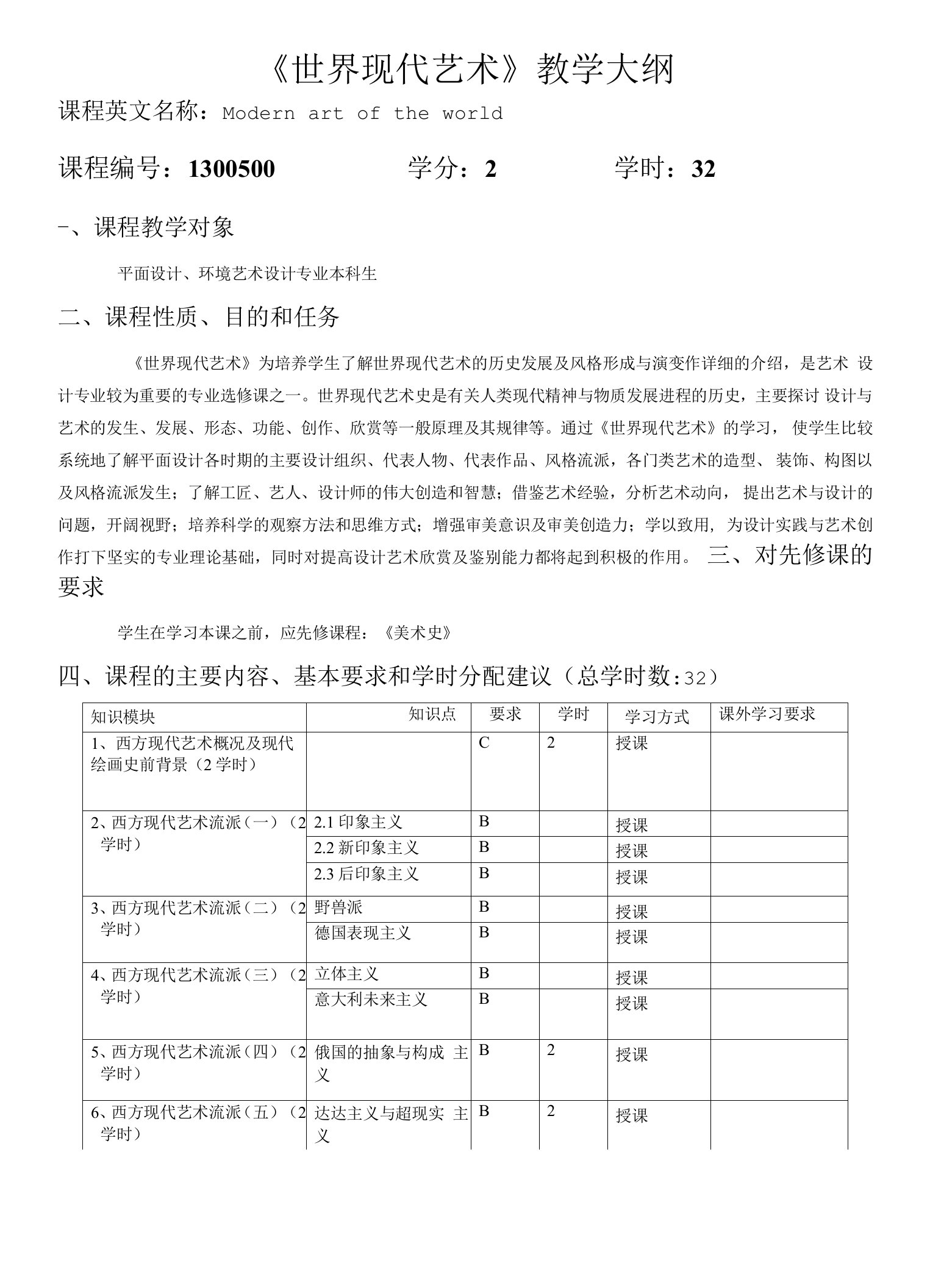 《世界现代艺术》课程教学大纲