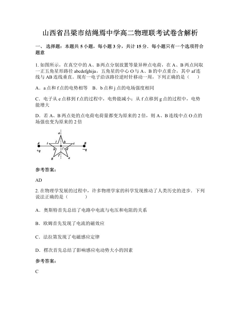 山西省吕梁市结绳焉中学高二物理联考试卷含解析