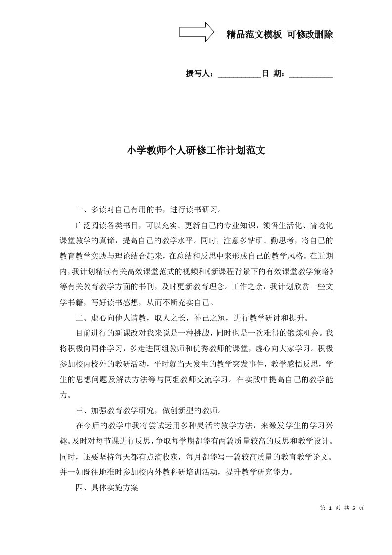 2022年小学教师个人研修工作计划范文