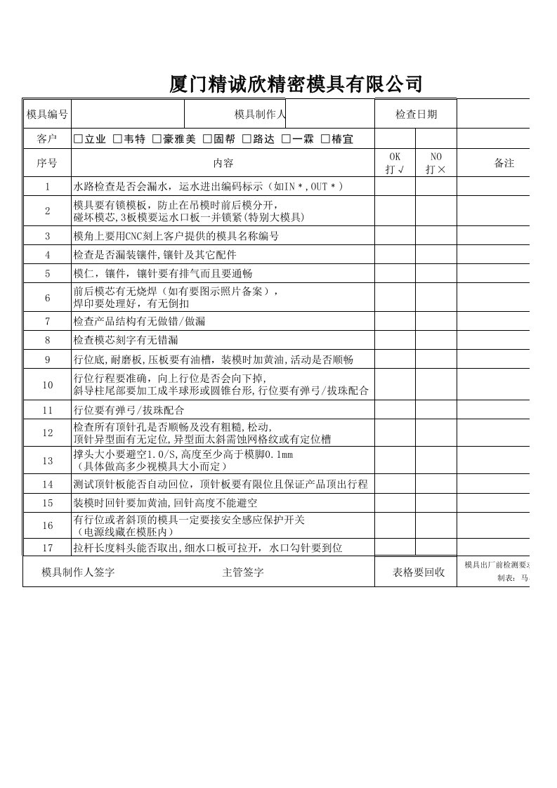 铣床保养记录表