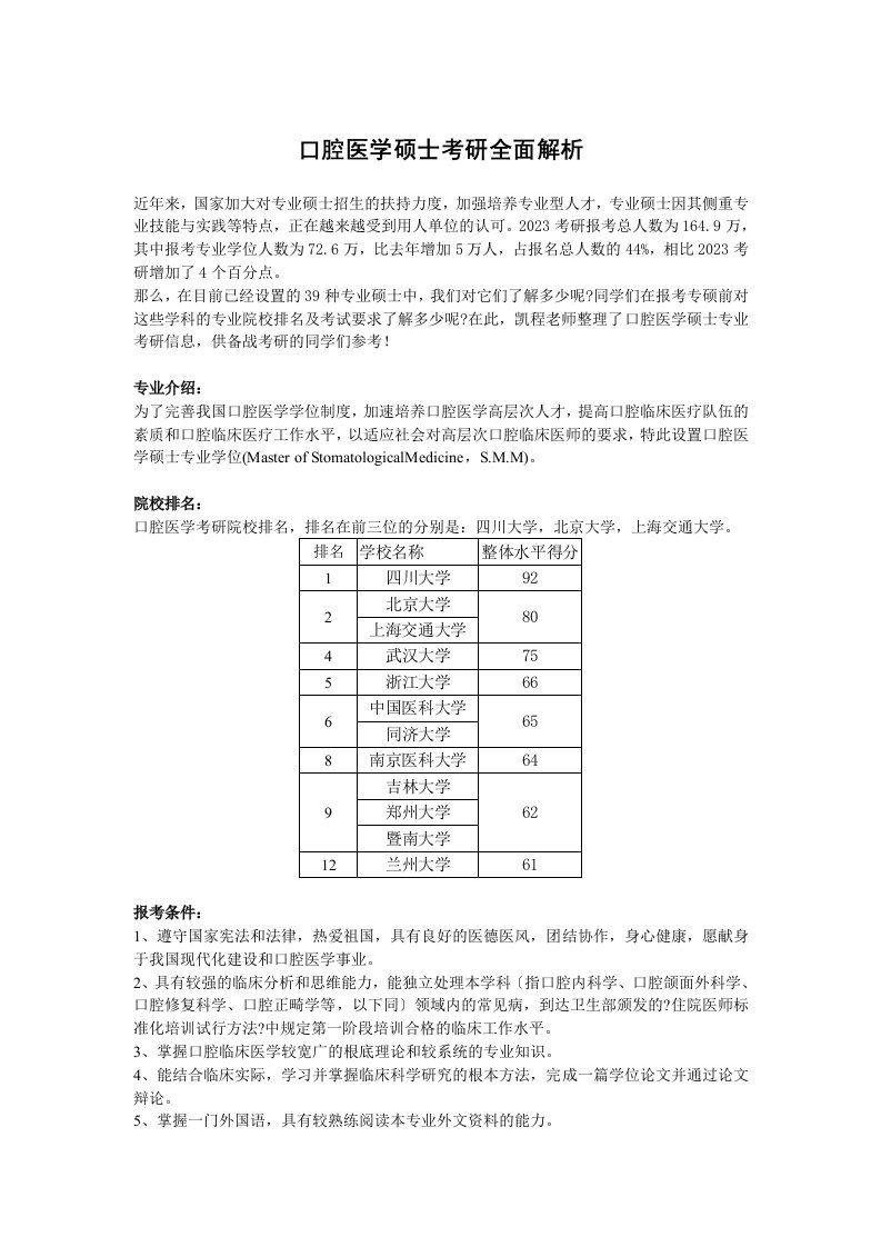 口腔医学硕士考研全面解析