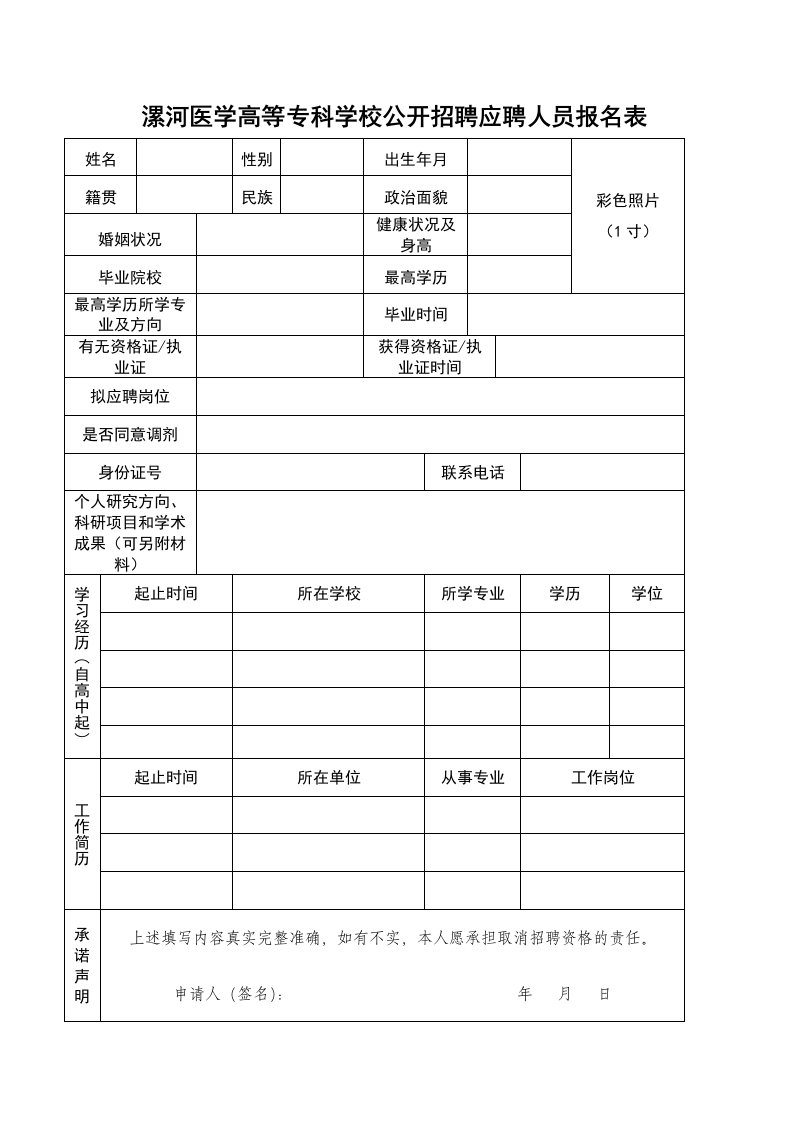 漯河医学高等专科学校公开招聘应聘人员报名表