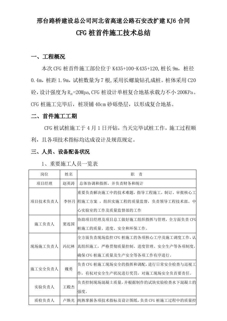 CFG桩首件施工总结报告