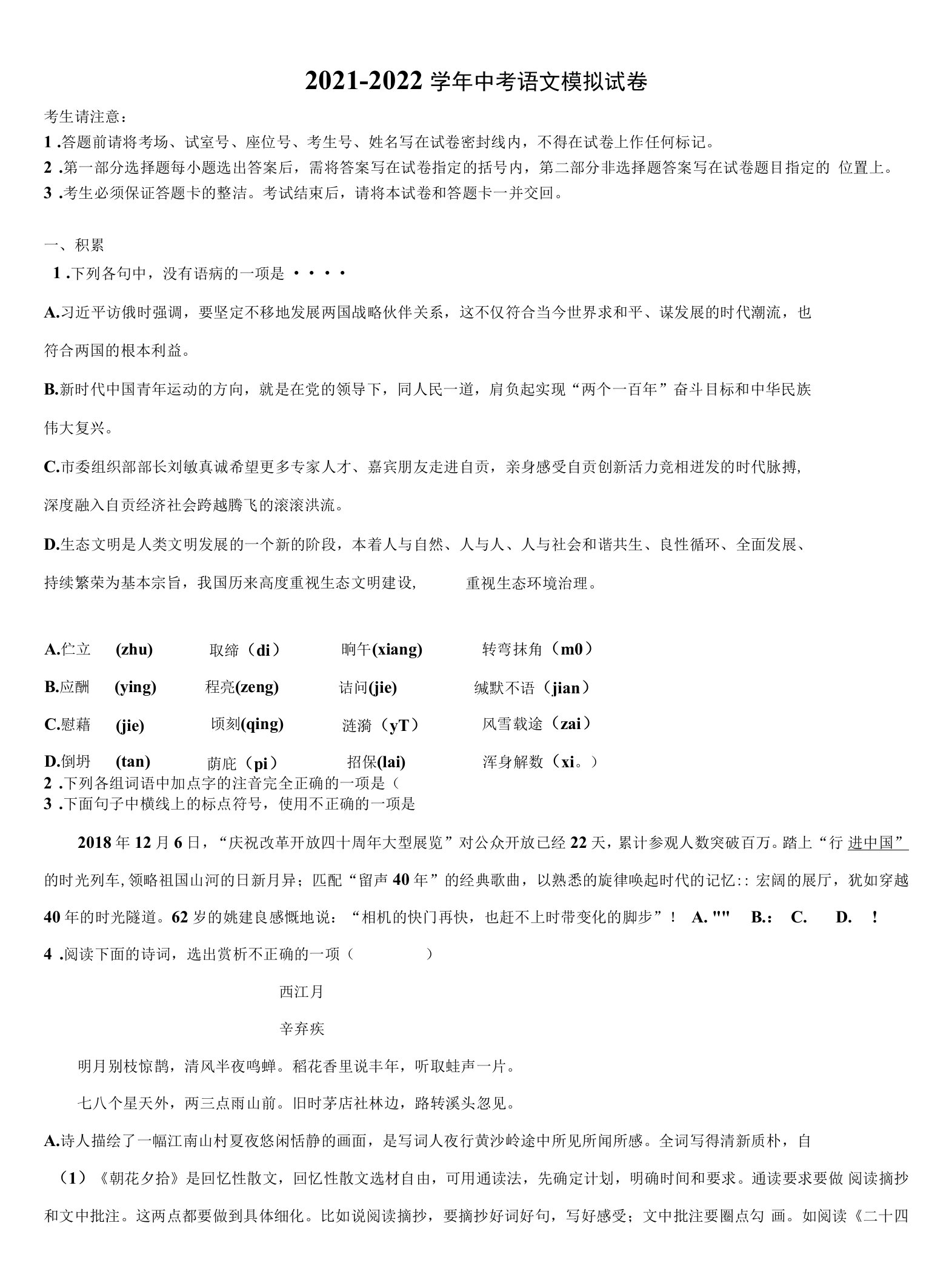 2022届四川省西昌市中考语文最后冲刺模拟试卷含解析