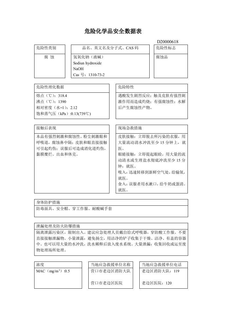 危险化学品安全数据表