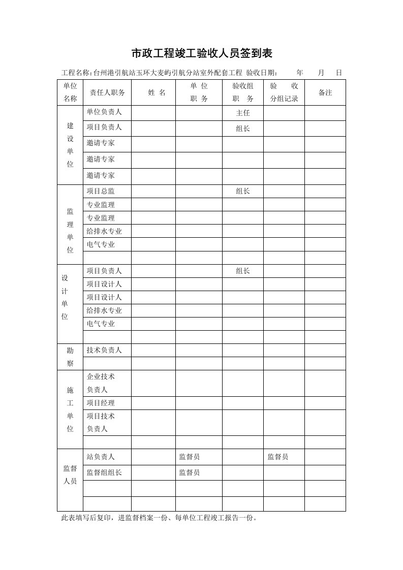 市政工程竣工验收人员签到表