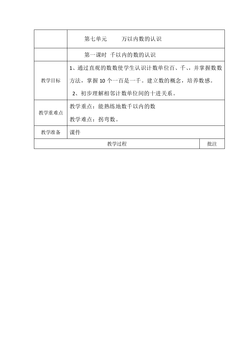 部编人教版二年级数学下册第七单元《万以内数的认识》教案