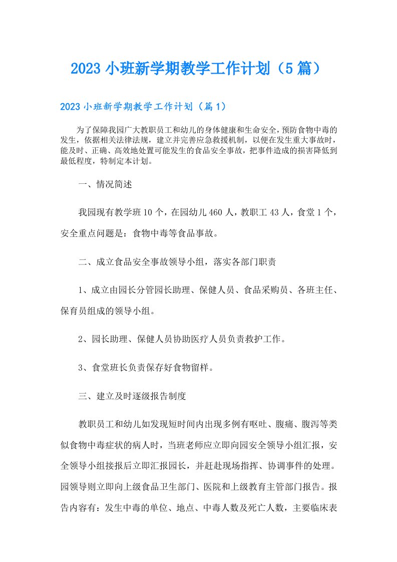 小班新学期教学工作计划（5篇）