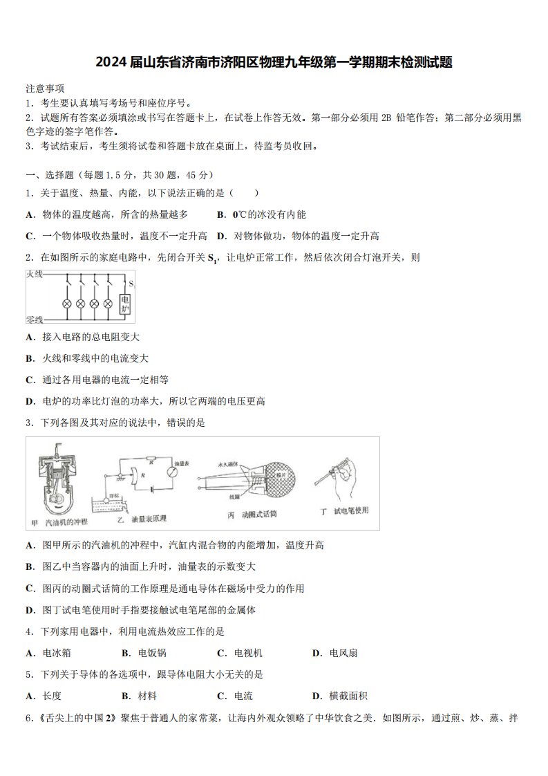 2024届山东省济南市济阳区物理九年级第一学期期末检测试题含解析