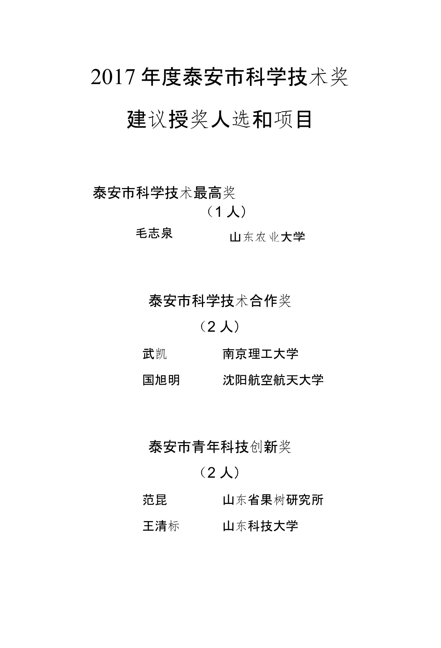 2017年度泰安市科学技术奖建议授奖人选和项目